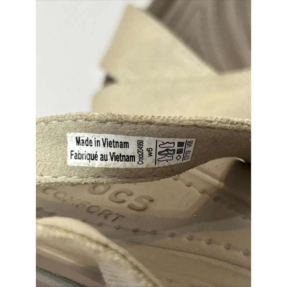 Crocs Women's Sz 6 Leigh II Cross Ankle Strap Wedge Sandals Beige Canvas Comfort